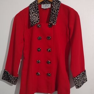 La Belle Red Double-Breasted Jacket with Leopard Accents